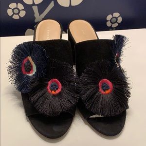 Loeffler Randal suede festive block heel mules